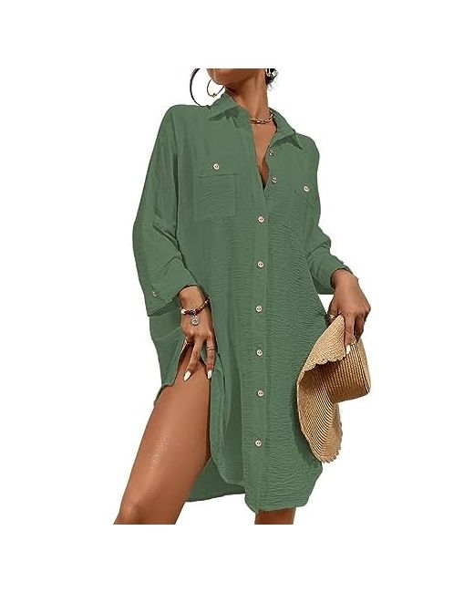 Bsubseach  Green Womens Modern Swimsuit Cover Up Blouse Button Down Shirt Dresses Tops Grass X-Large