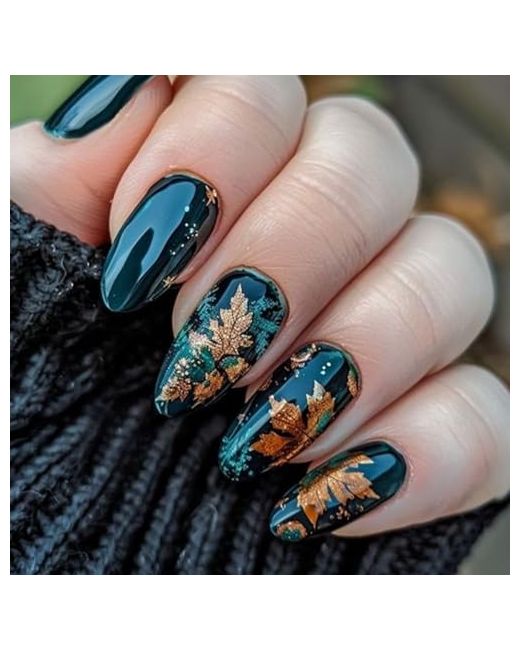 Byetoce Almond Press On Nails Medium Fake Cat Eye False Maple Leaves Design Autumn Acrylic Nail Artificial Glossy Full Cover Glue For Women 24 Pcs Design 20  Di Colore Giallo