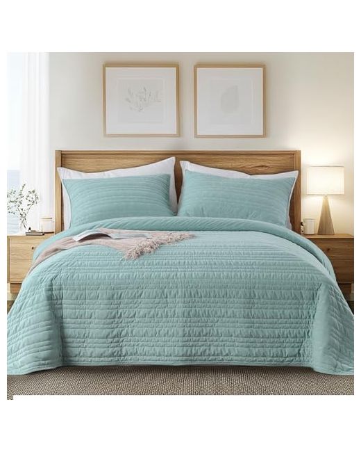 Kasentex   King Velvet Quilt Set 3 Piecesultra-Soft Bedspread Coverlet With 2 Pillow Shams Lightweight Bed Blanket Luxury Elegant Stitch Design Machine Wash All Season Bedding Lake