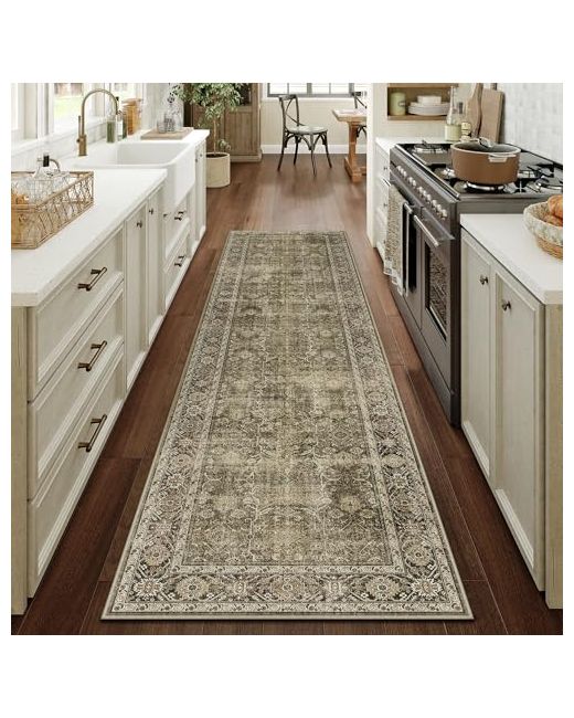 Purecozy  Brown Light 3x8 Vintage Area Rug Hallway Indoor Kitchen Washable Living Room Carpet Tribal Distressed Retro Accent Throw For Office Dining Bathroom Faux Wool 3 X 8 Runner Ac