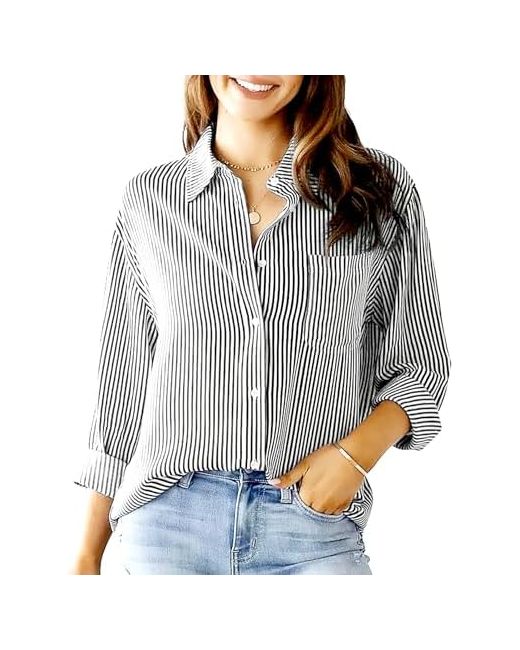 Tureau Womens Striped Button Down Shirts Classic Long Sleeve Stylish Lapel Collared Office Work Blouse Tops With Pockets Medium  Di Colore Nero