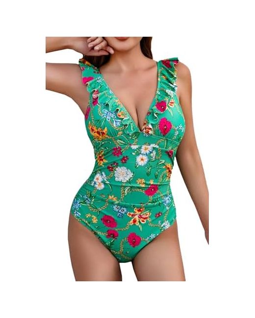 Cocopear Sexy One Piece Swimsuit Women Tummy Control V Neck Ruffle Swimsuits For High Waist Slimming Bathing Suits