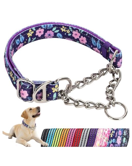 Onefojojo  Purple Reflective Martingale Dog Collar With Chain Comfortable Safe Choke For Medium Large Extra And Xxl Dogs Trainer Recommended Flowers 3