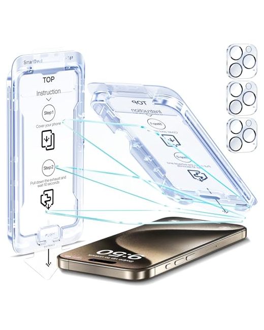 Smartdevil 3-Pack Screen Protector For Iphone 15 Pro Max With Camera Lens Clear 9h Tempered Glass Film Super Fast Installation Dust-Free Bubble-Free Alignment Tool