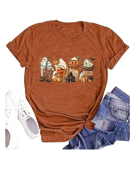 Fuyxxmer Womens Halloween Pumpkin Shirts Casual Autumn Fall Thanksgiving Graphic Tees Tops Orange02 Small