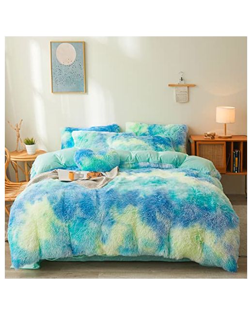 Foppa Tie Dye Plush Fluffy Comforter Cover Set Queen Ultra Soft Faux Fur Tie Bedding Sets 3 Pieces 1 Shaggy Duvet 2 Pillow Case Bed Dye Mint Qu