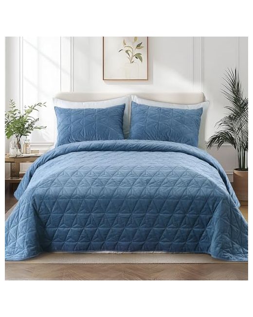 Kasentex  Blue Luxury Velvet King Quilt Set 104x90 Inch Stitch Bedding With Ultra Soft Lightweight Sets And 2 Pillow Shams Oversized Bedspread Coverlet For All Seasonnavy Navy
