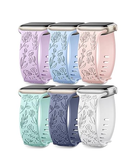 Snblk  Floral 6 Pack Engraved Bands Compatible With Apple Watch 40mm 41mm 42mm 38mm 44mm 45mm 46mm 49mm Women Men Silicone Flower Pattern Strap For Iwatch Series 11 10 Se Ultra 9 8 7