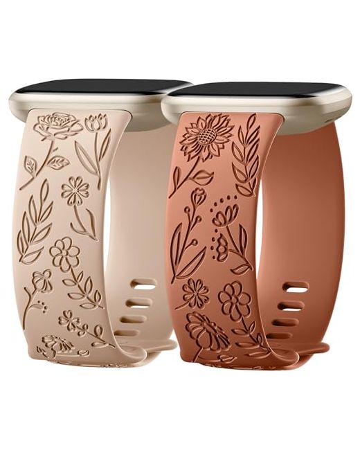 Snblk  Pink 2 Pack Engraved Bands Only Compatible With Fitbit Versa 3/Fitbit Sense/Fitbit 4/Fitbit Sense Four Models Sunflower Rose Elegant Soft Tpu Floral Pattern Replacement Strap