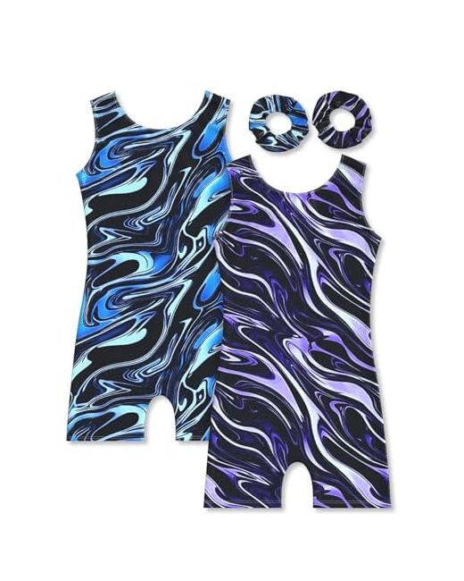 Molldan  Purple Gymnastics Leotard For Girls Dance Biketard Unitards 2 Pack Tumbling Outfits Kids 2pcs Marble Blue 7-8 Years
