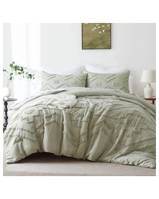 Oli-Pisi Oli Anderson Boho Tufted Comforter Set King 3 Pcs Soft Jacquard Bedding For All Seasons Shabby Chic Farmhouse With Comforters Mist Sage Sa