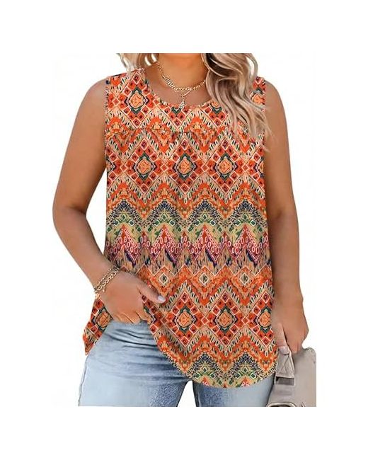 Akewei  Orange Womens Plus Tank Top Casual Summer Tops Sleeveless Loose Fit Blouses Basic T Shirts Trendy Crewneck Tunic Tees Boho Xx-Large