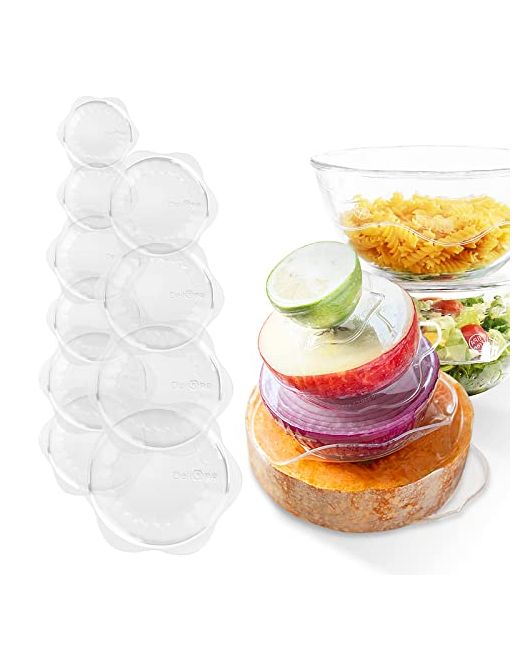 Delione Silicone Stretch Lids For Kitchen Food Storage Durable Reusable Expandable Bowl Covers Cup Or Square Containers Freezer Microwave And Dishwasher Safe 6-Pack Clear Silic