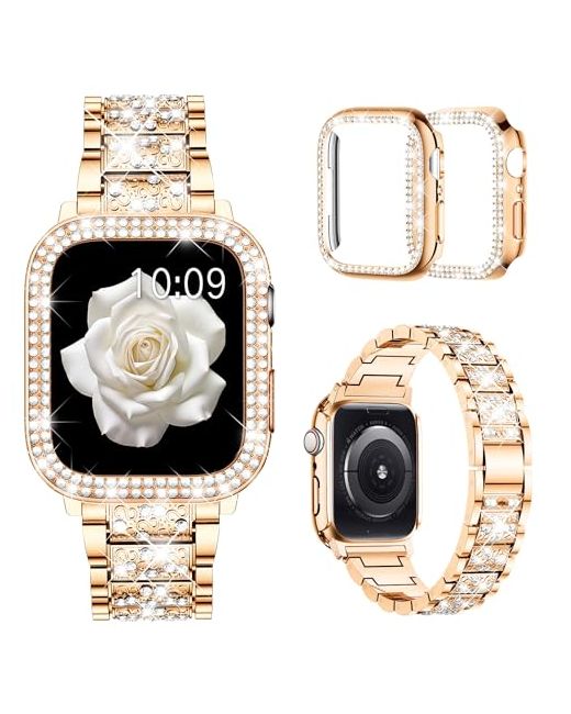 Mosonio   Compatible With Apple Watch Band 38mm 40mm 41mm 42mm 44mm 45mm 46mm 49mm 2 Pack Case Women Jewelry Replacement Metal Bands Strap Bling Pc Protective For Iwatch Ultra