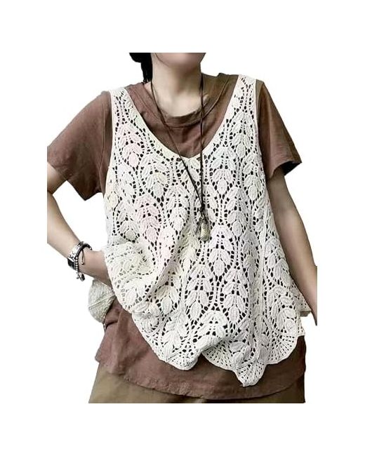 Tureau Women Boho Cotton Crochet Sweater Vest Lace Sleeveless Summer Beach Cover Up Knit Tank Top 02beige X-Large  Di Colore Floreale
