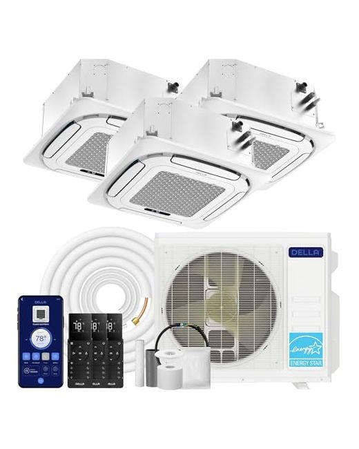 Della   35000 Btu 3 Zone 9k12k18k Ceiling Cassette Mini Split Ac Covers 1950 Sq.Ft Energy Star 22.5 Seer2 230vultra Heat 13 8-Way 360 Airflowwork With Alexapre-Charged Pump