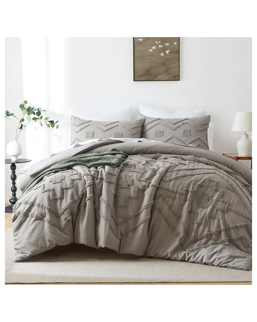 Oli-Pisi Oli Anderson Boho Tufted Comforter Set King 3 Pcs Soft Jacquard Bedding For All Seasons Shabby Chic Farmhouse With Comforters Grey  Di Colore Grigio