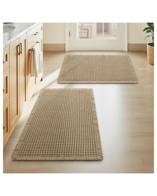 Amoami  Brown Upgraded Waffle Bath Mat Super Absorbent Non Slip Mats For Bathroom Floor Machine Washable Rugs With Tassels Rubber Backed Ultra Soft 18 X 30