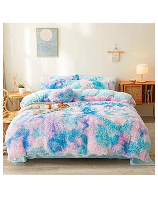 Foppa Tie Dye Plush Fluffy Comforter Cover Set Queen Ultra Soft Faux Fur Tie Bedding Sets 3 Pieces 1 Shaggy Duvet 2 Pillow Case Bed Dye Bl  Di Colore Blu