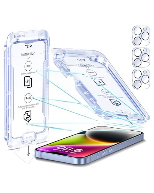 Smartdevil 3-Pack Screen Protector For Iphone 14 Plus With Camera Lens Clear 9h Tempered Glass Film Super Fast Installation Dust-Free Bubble-Free Alignment Tool