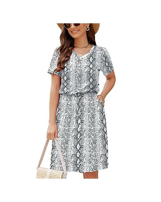 Husakry   Huskary Women Summer Casual Midi Dresses Short Sleeve V Neck Drawstring Knee Length T Shirt Dress With Split And Pocket Snakeskin Large