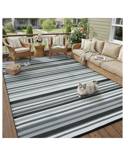 Wondrg Outdoor Plastic Straw Rug Waterproof Patio 5x8 Black Stripe Mat For Porch Camping Rv Balcony Deck Courtyard Reversible Lightweight Durable Portable Carpet 5 X 8 Rectangular  Di Colore Bianco