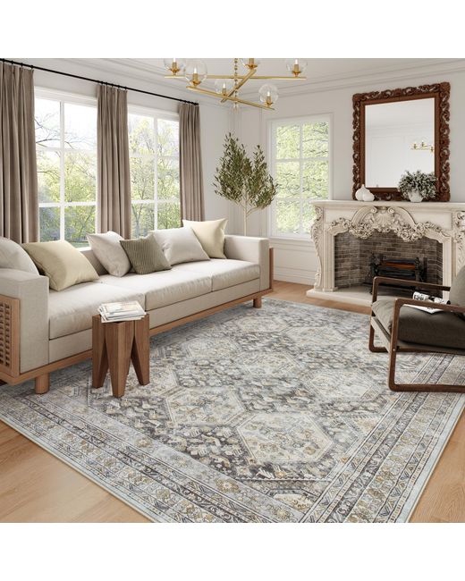 Lahome  Gray Vintage 9x12 Living Room Rug Grey Rugs For Bedroom Aesthetic Stain Resistant Dining Carpet Under Table 9 X 12 Distressed