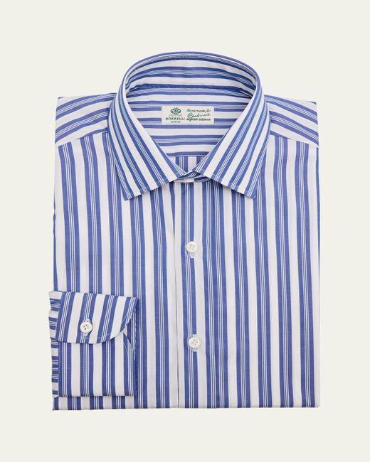 Borrelli Mens Cotton Multi-Stripe Point Collar Dress Shirt  Di Colore Blu