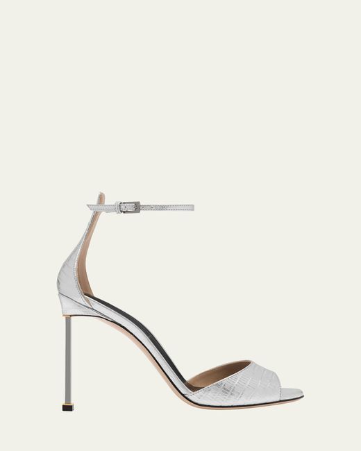 Tom Ford  Silver 105mm Embossed Metallic Leather Ankle-Strap Sandals