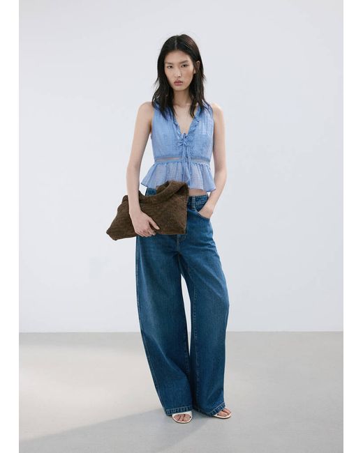 Mango  Blue Lyocell Top With Contrasting Trim Woman