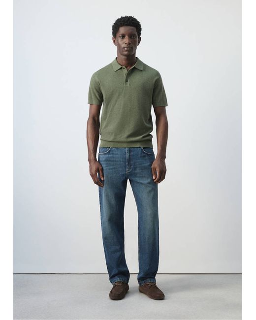 Mango Man  Green Fine Knit Polo Shirt With Microstructure Man