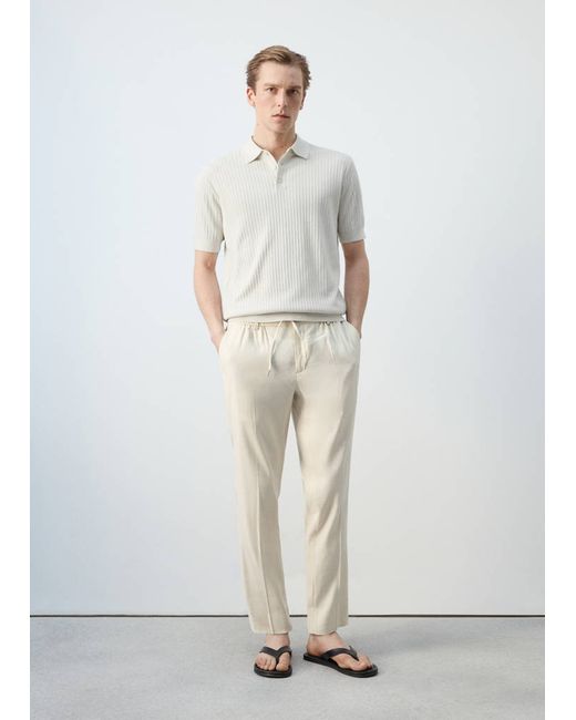 Mango Man  Beige Rib-Knit Cotton-Blend Polo Shirt Man