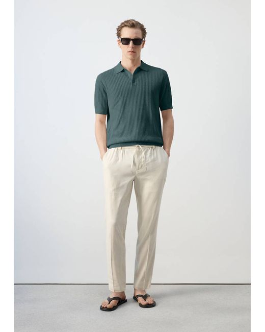 Mango Man  Green Rib-Knit Cotton-Blend Polo Shirt Man