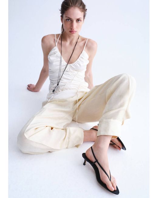 Mango  Black Heeled Leather Sandals With Straps Woman