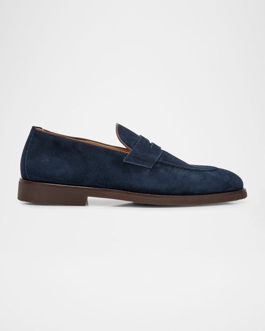Brunello Cucinelli Men's Blue Suede Penny Loafers