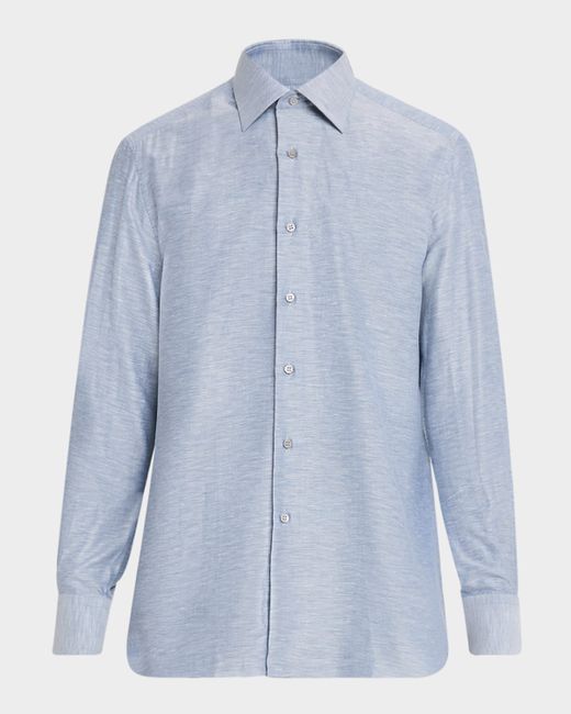 Stefano Ricci Men's Blue Heathered Cotton And Linen Sport Shirt