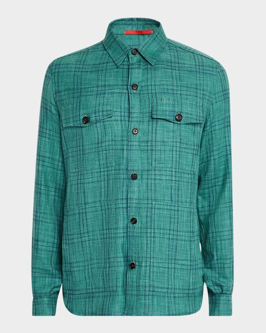 Isaia Wool Cotton And Linen Check Overshirt Da Men