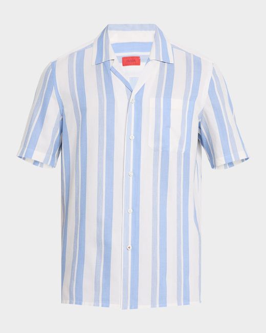 Isaia Cotton And Silk Awning Stripe Camp Shirt Da Men Di Colore Blu