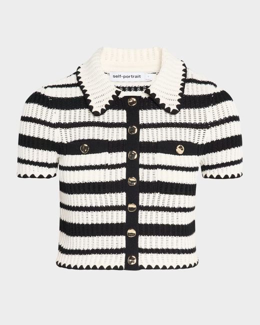 Self-Portrait Women's Beige Striped Crochet-Knit Top