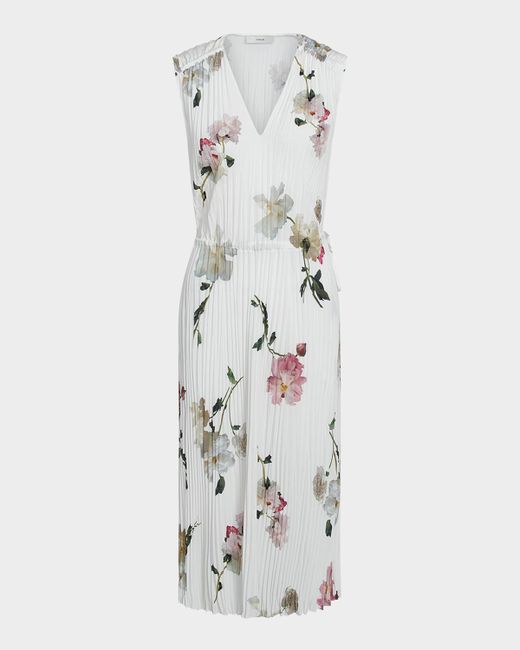 Vince Women's White Floral Pleated V-Neck Midi Dress