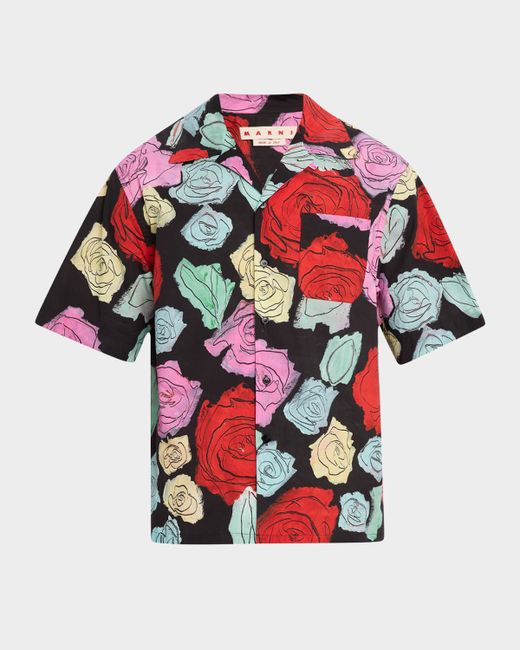 Marni Men's Black Medium Roses Camp Shirt