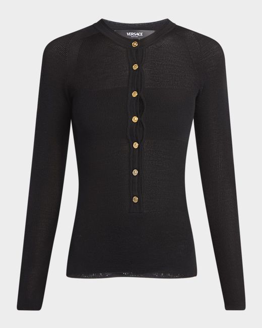 Versace Seamless Rib Long-Sleeve Henley Sweater Da Women Di Colore Nero
