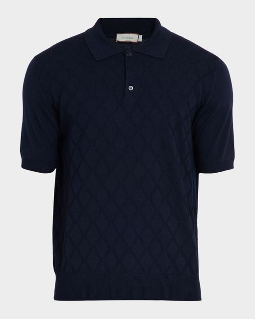 Canali Men's Blue Diamond Knit Short-Sleeve Polo Sweater