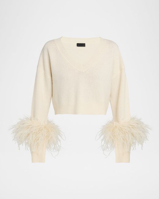 Lapointe Women's White Feather-Trim Crop Sweater