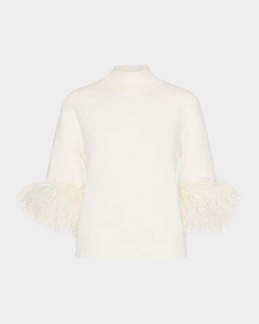 Milly Women's White Mock-Neck Feather Cuff Sweater