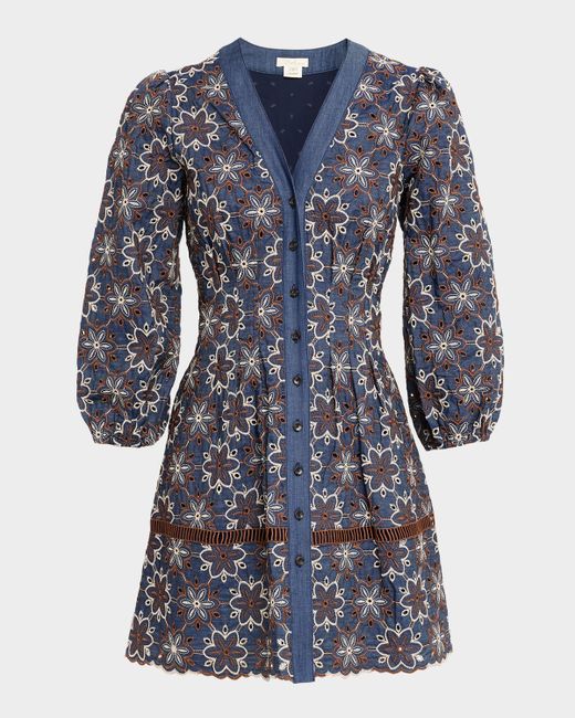 Shoshanna Lina Eyelet-Embroidered Chambray Mini Dress Da Women Di Colore Blu Scuro