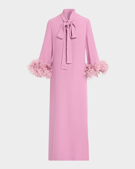 Valentino Garavani Feather-Trim Crepe Long-Sleeve Midi Dress With Neck Scarf Da Donna Di Colore Viola
