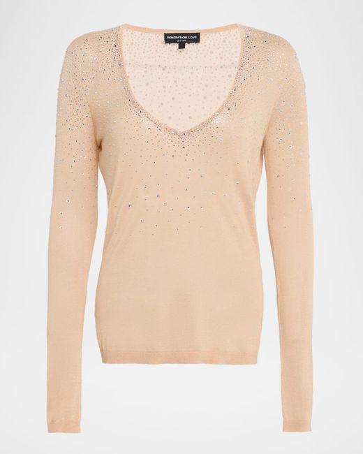 Generation Love Women's Beige Mirasol Crystal Splash V-Neck Sweater