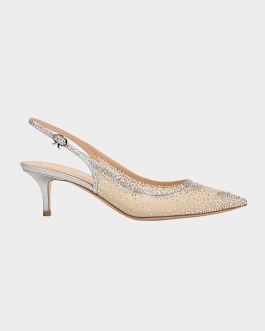Gianvito Rossi Women's Silver Strass Organza Kitten-Heel Slingback Pumps