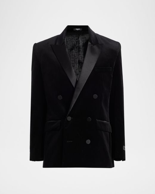 Balmain Velvet Satin-Trim Double-Breasted Blazer Da Men Di Colore Nero